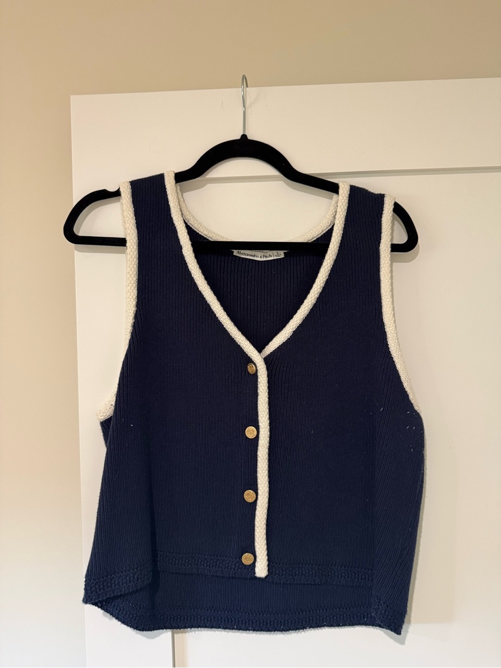 Abercrombie Navy V‑Neck Knit Button Vest with Cream Trim